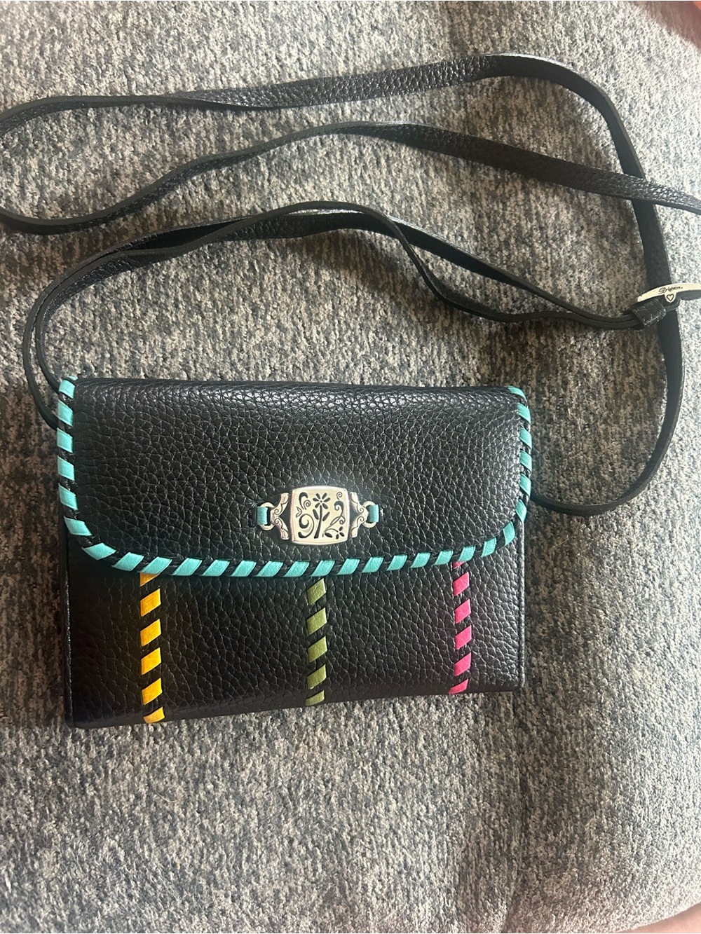 Brighton Tippi Black Leather Crossbody Wallet Detachable Strap Snap Silver
